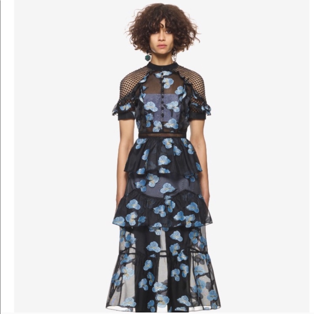 Self Portrait Floral Fil Coupe Midi Blue Dress